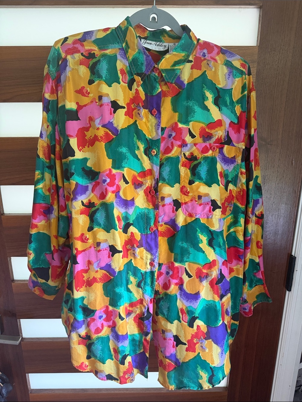Jane Ashley SILK Vibrant Floral Button-Down Shirt in Yellow, Green, Pink